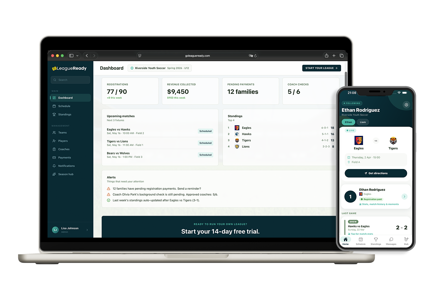 Go LeagueReady web dashboard on a MacBook with the coach mobile app on an iPhone